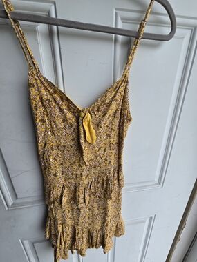 Yellow Floral Tie-Front Spaghetti Strap Tank Top